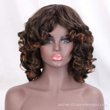 Aisi Hair Vendor Cheap Wholesale Curly Loose Wave Short Bob Ombre Brown Wig With Bangs For Black Women Synthetic Hair Wigs